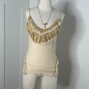 Y2K Ascension Silk Camisole Top – Sheer Beige with Lace Ruffles and Pearl Detail